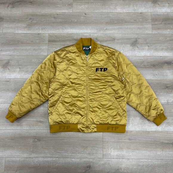 FW21 FTP Gold Quilted Middle Finger Satin Bomber Jacket Size XL Pre Owned - Picture 1 of 8